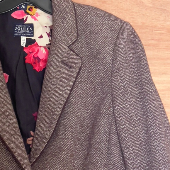 Joules Agatha brown tweed herringbone blazer jacket women's US8 EU40 UK12 piping - Picture 3 of 11